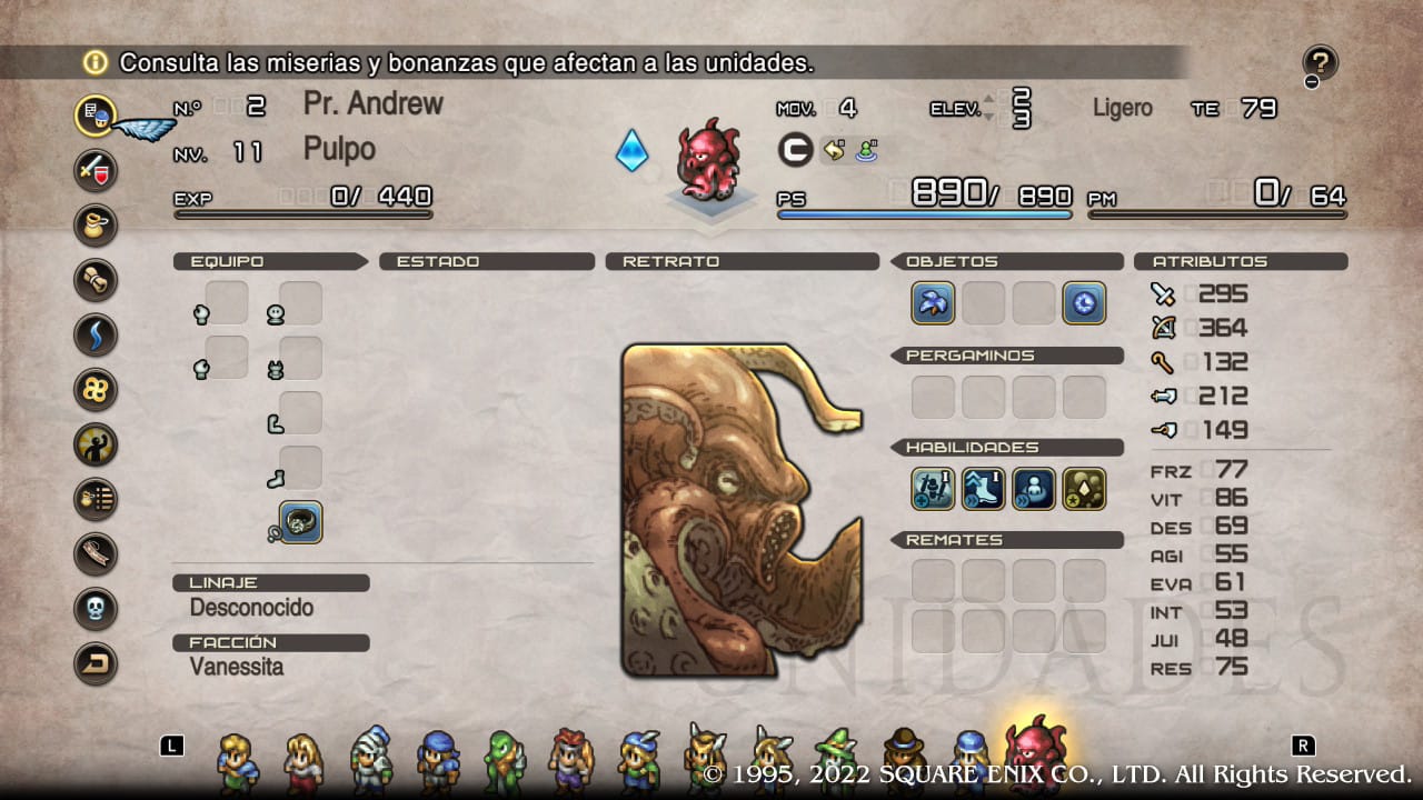 Captura de pantalla del videojuego Tactics Ogre, donde se ve una ficha de personaje, con retrato, características y nombre. El nombre el Prince Andrew y es un pulpo.