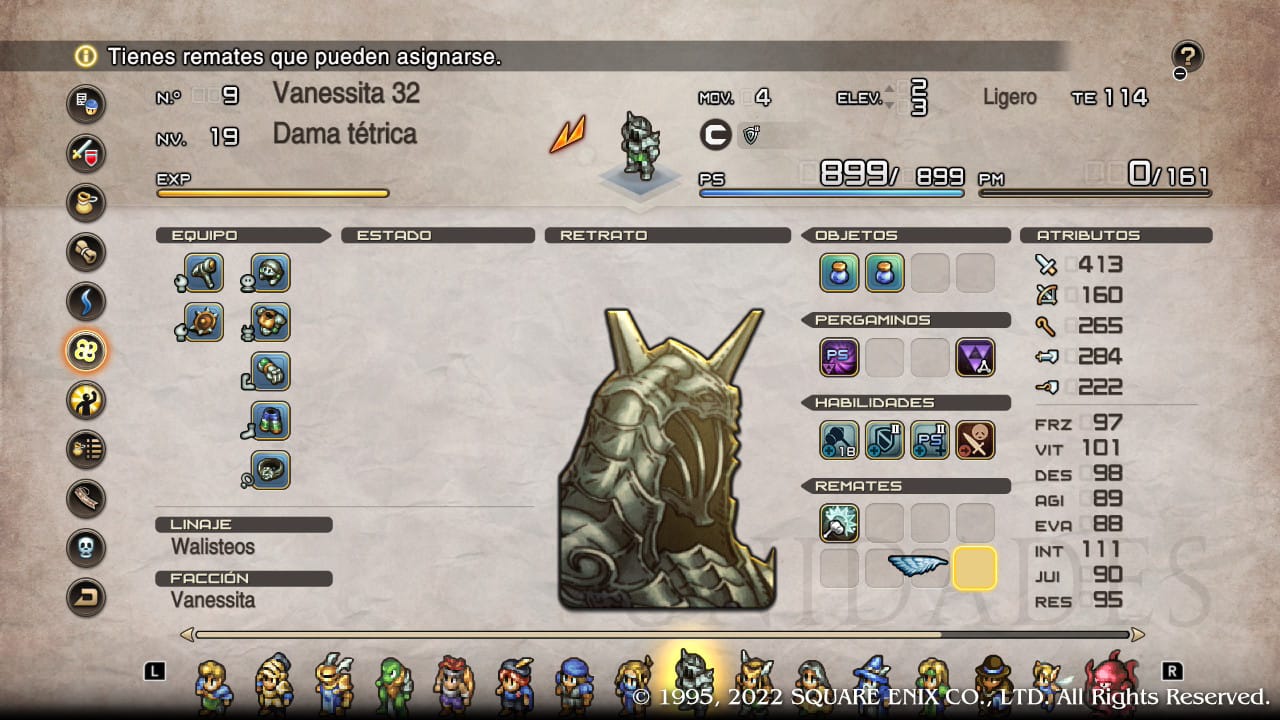 Captura de pantalla del videojuego Tactics Ogre, donde se ve una ficha de personaje, con retrato, características y nombre. El nombre es Vanessita 32, la clase Dama Tétrica