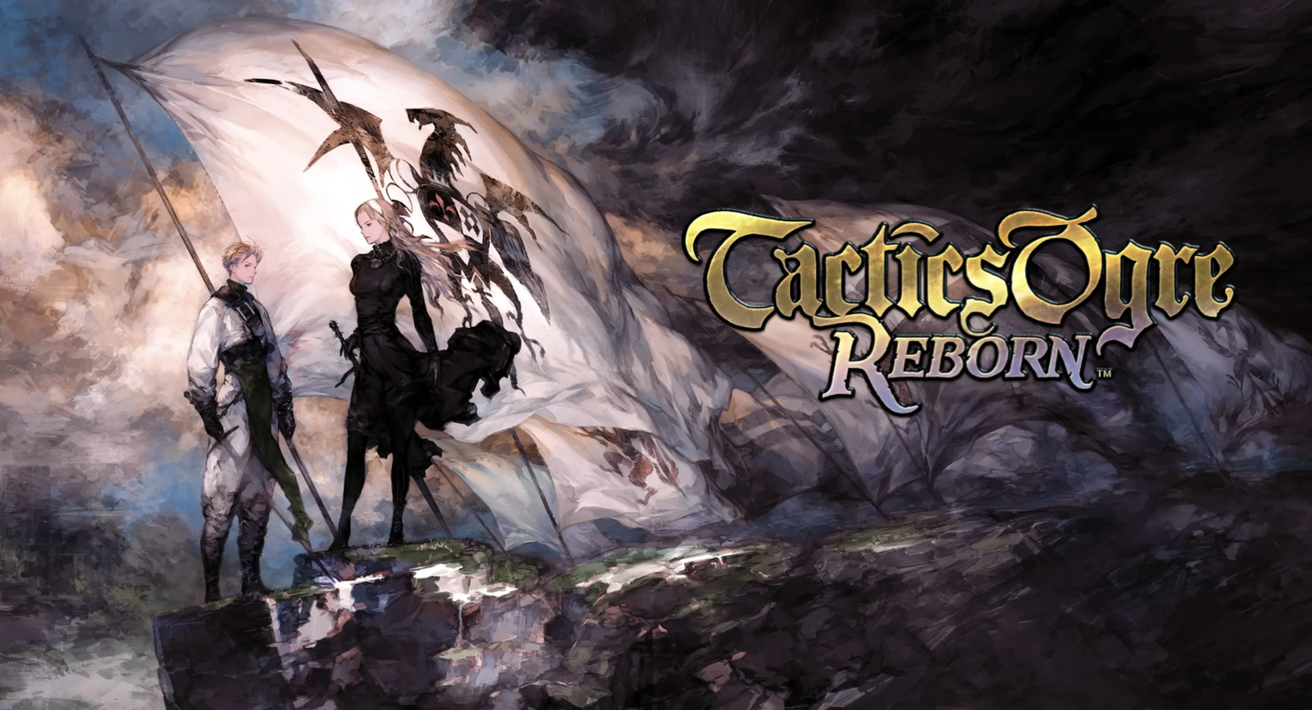 Portada del Tactics Ogre Reborn. El título del juego aparece con letras doradas sobre un fondo nuboso. A la izquierda, los protagonistas Denam y Catiua posan en armaduras negras con gesto intensito.