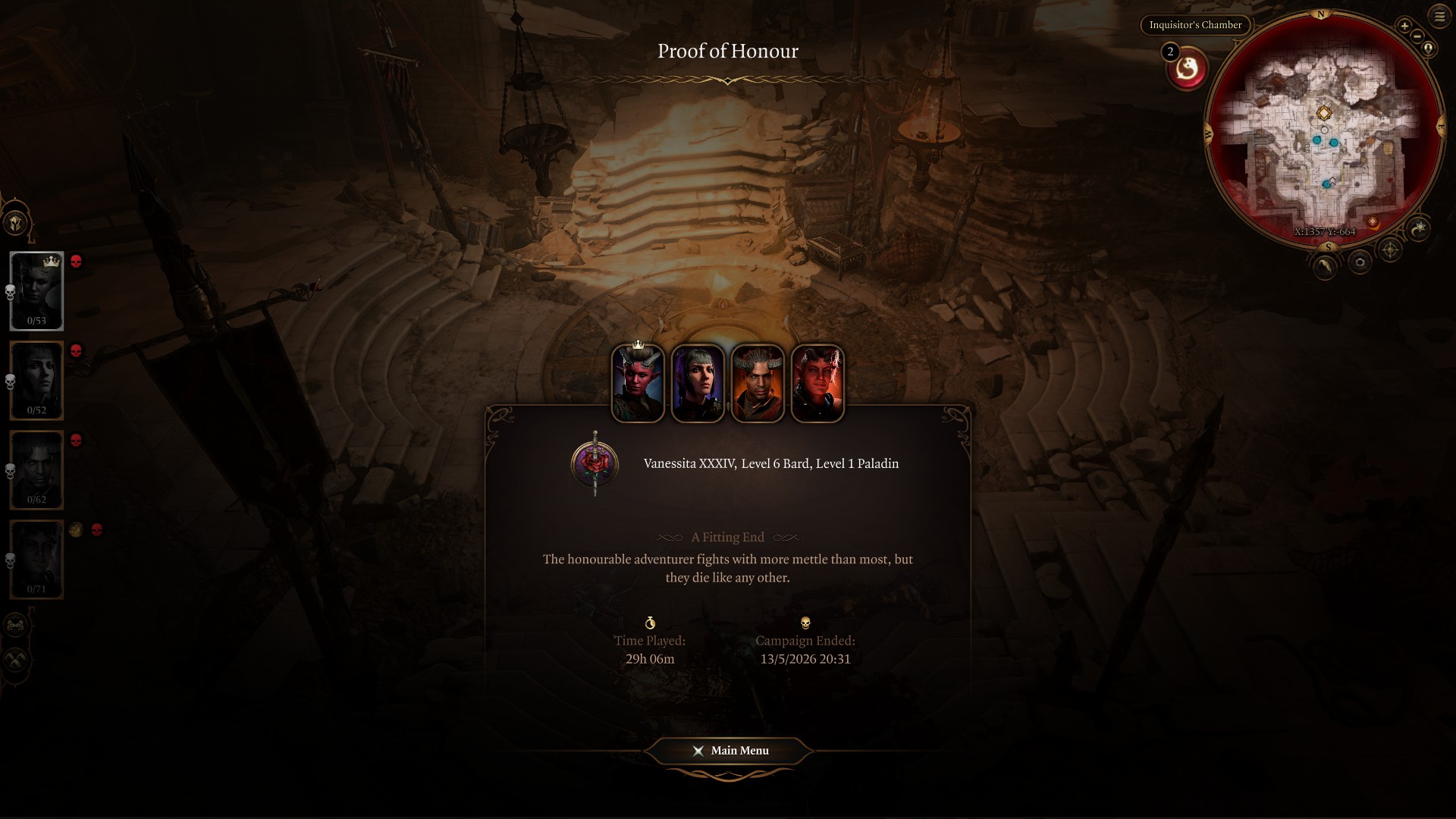 La pantalla de "has perdido" de Baldur's Gate 3, donde se ve a Vanessita XXXIV muerta.