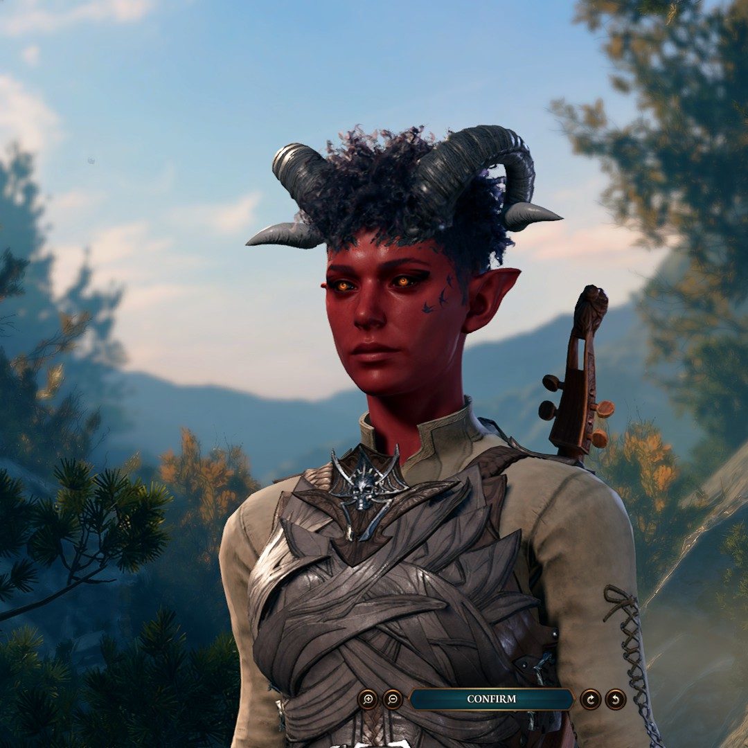 Retrato de una tiefling con piel roja, cabello corto gris y rizado y con un violín a la espalda