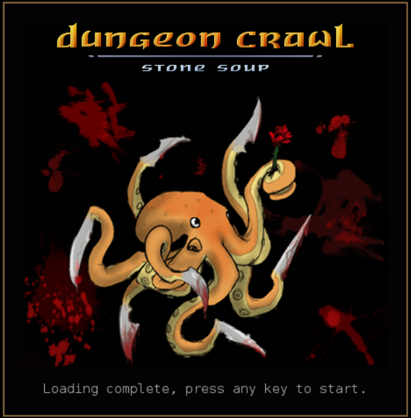 Pantalla de carga de Dungeon Crawl. Un pulpo dibujado sobre fondo negro, el pulpo tiene cuchillas en las puntas de sus tentáculos.